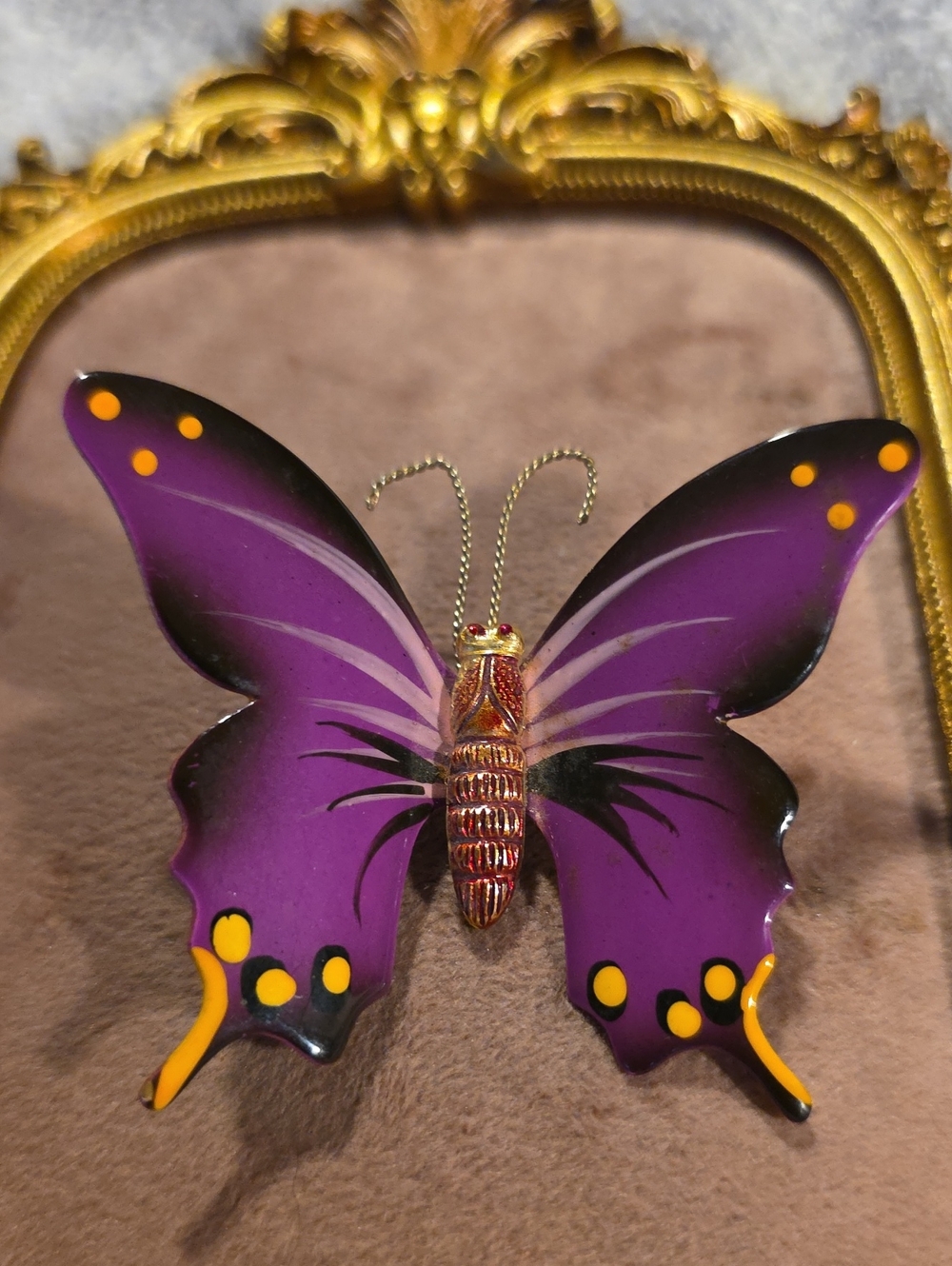 Vintage Korea 1970s Hand Painted Purple Enamel Butterfly Brooch Pin